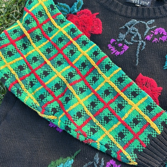 Carole Little Sport Vintage 80’s Rare Hand Knit Rose & Mix Print Sweater - Picture 7 of 10